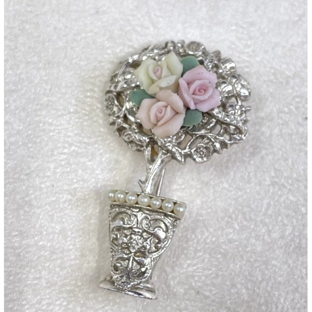 Vintage Porcelain Rose Topiary Tree Brooch Pin Faux Pearl Vase Silver Tone